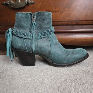 Shyanne Teal Leather Ankle Cowboy Boots with Fringe
